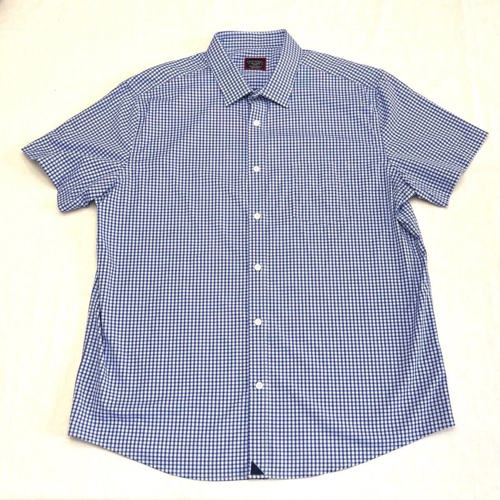 Untuckit Men's Short Sleeve Slim Fit Blue Check Shirt Size XXL